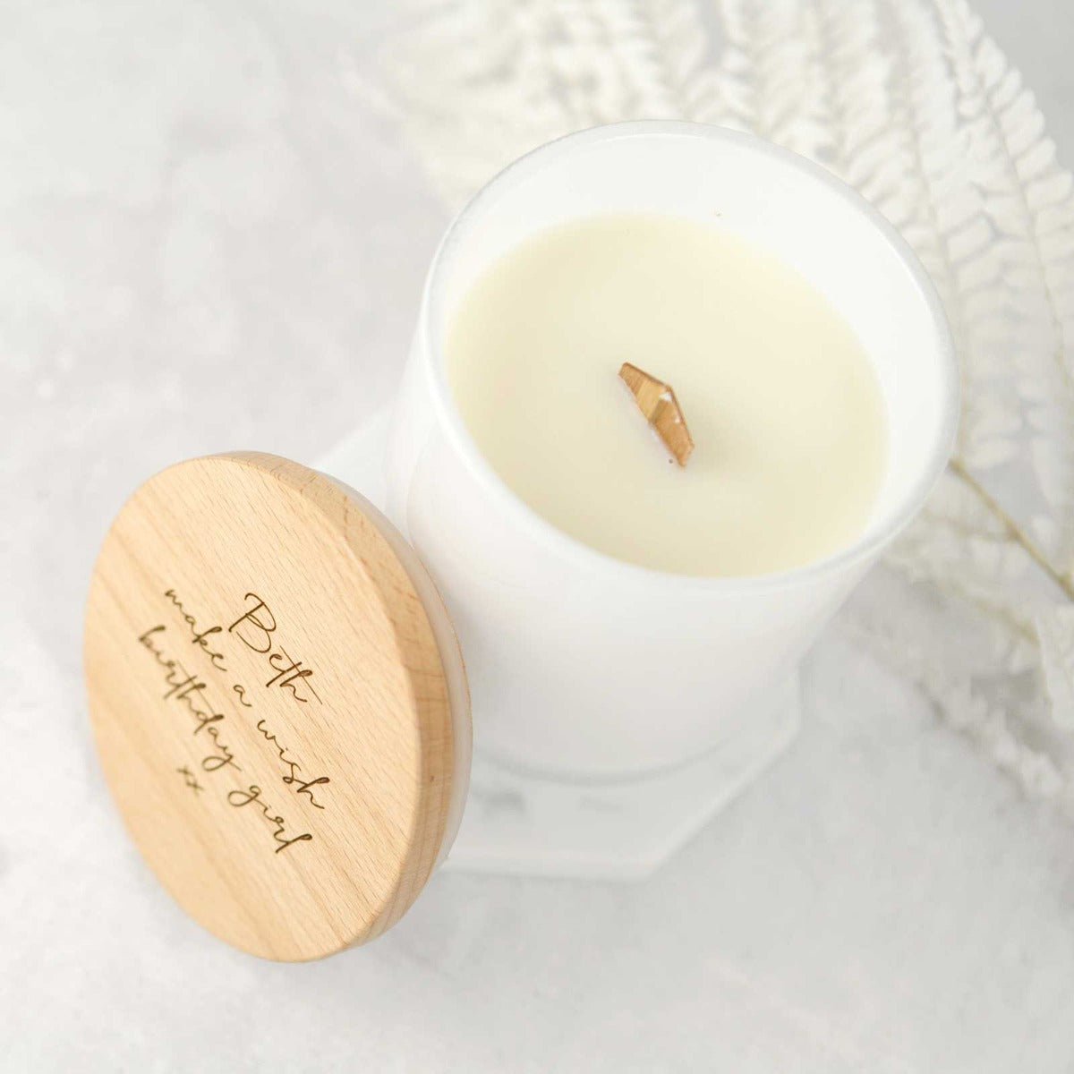 Engraved Birthday White Wood Wick Soy Candle with Wooden Lid