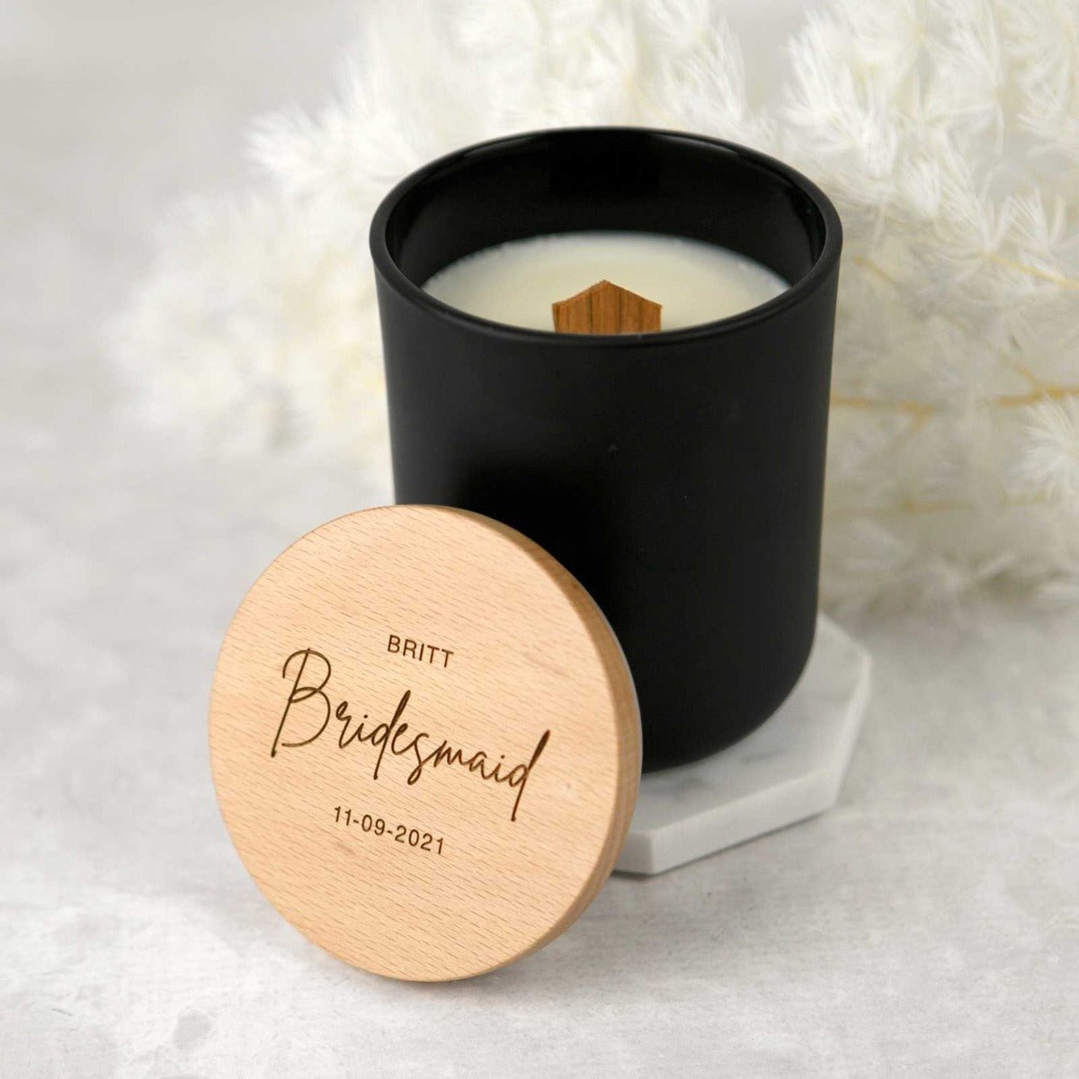Engraved Bridal Party Black Wood Wick Soy Candle with Wooden Lid