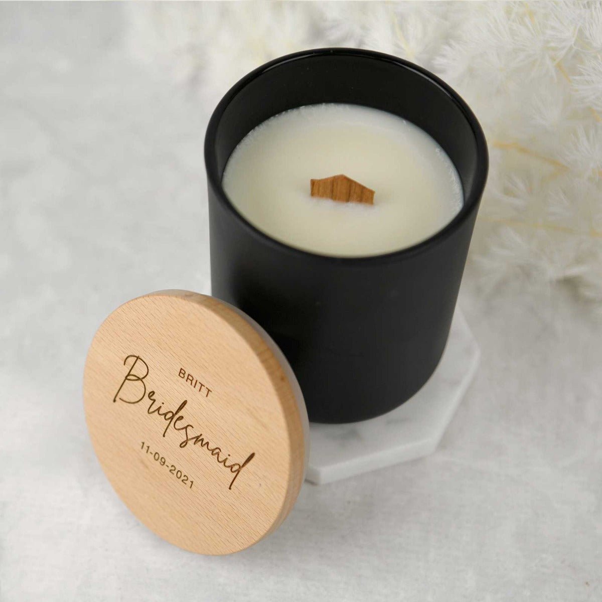 Engraved Bridal Party Black Wood Wick Soy Candle with Wooden Lid