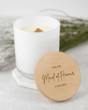 Engraved Bridal Party White Wood Wick Soy Candle with Wooden Lid