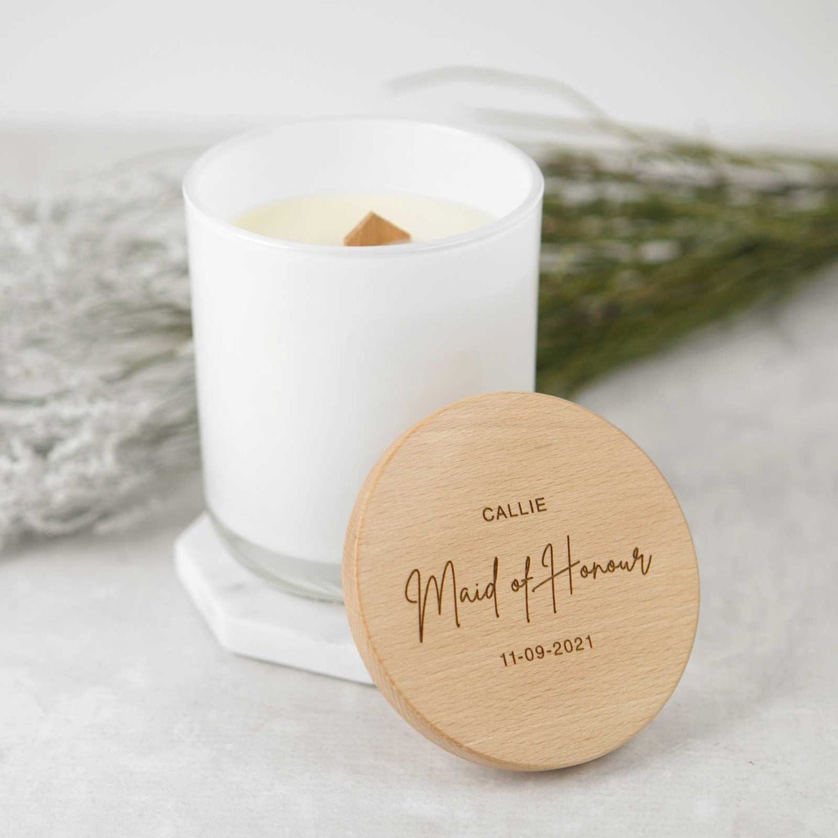 Engraved Bridal Party White Wood Wick Soy Candle with Wooden Lid