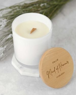 Engraved Bridal Party White Wood Wick Soy Candle with Wooden Lid