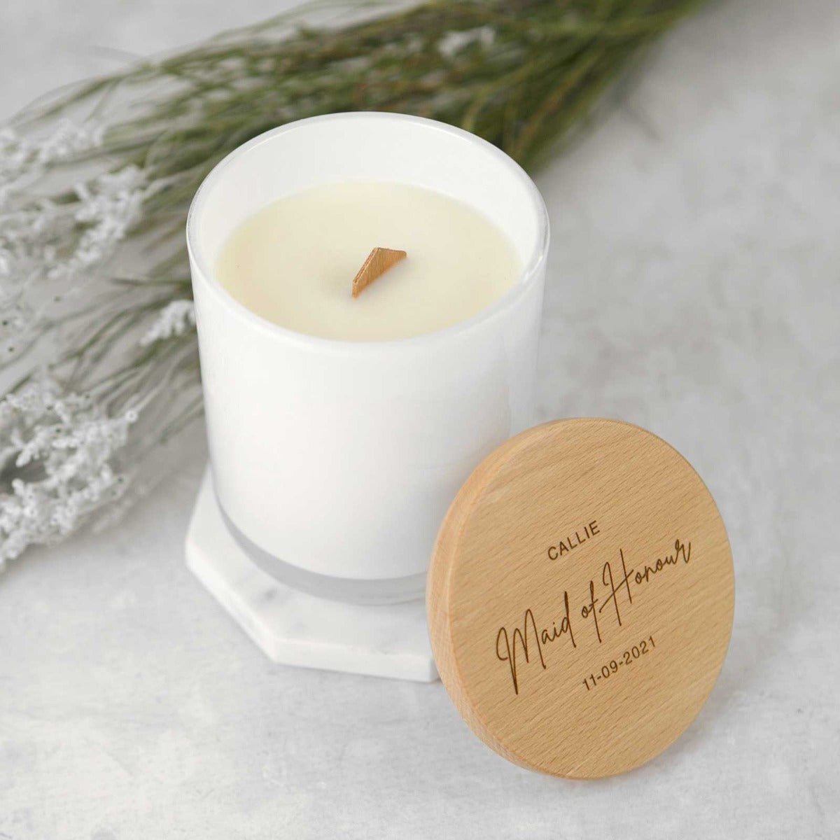 Engraved Bridal Party White Wood Wick Soy Candle with Wooden Lid