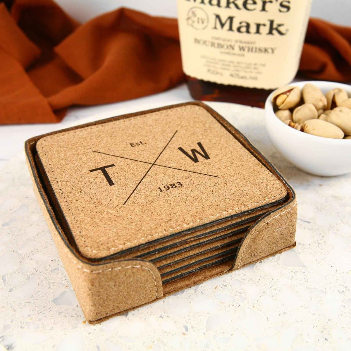 Engraved Set of 6 Square Cork Coasters