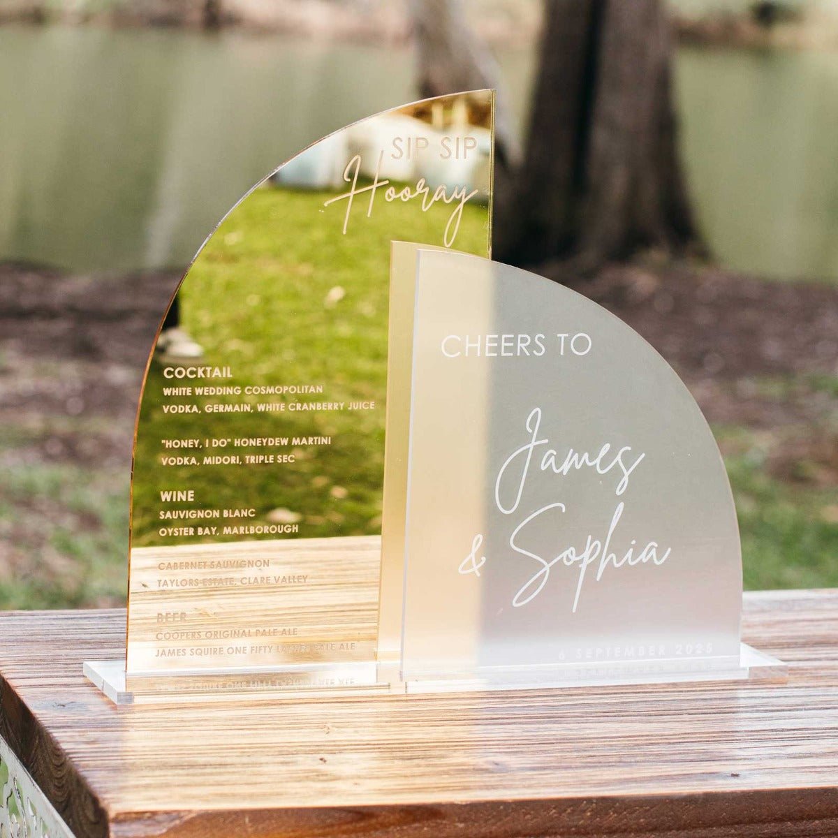 Engraved Frosted Mirror Gold Semi Arch Wedding Bar Menu