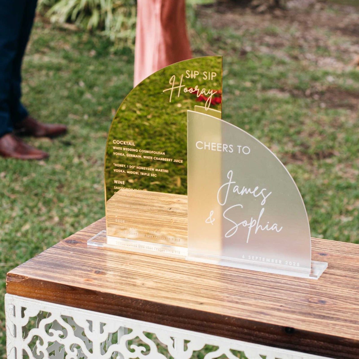 Engraved Frosted Mirror Gold Semi Arch Wedding Bar Menu