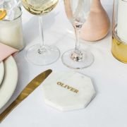 Engraved Octagonal White Marble Wedding Coaster with Gold In-fill