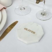 Engraved Octagonal White Marble Wedding Coaster with Gold In-fill