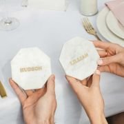 Engraved Octagonal White Marble Wedding Coaster with Gold In-fill