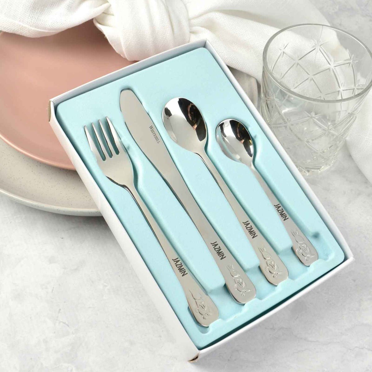 Engraved Silver Rabbit Children’s Cutlery 4 Piece Set
