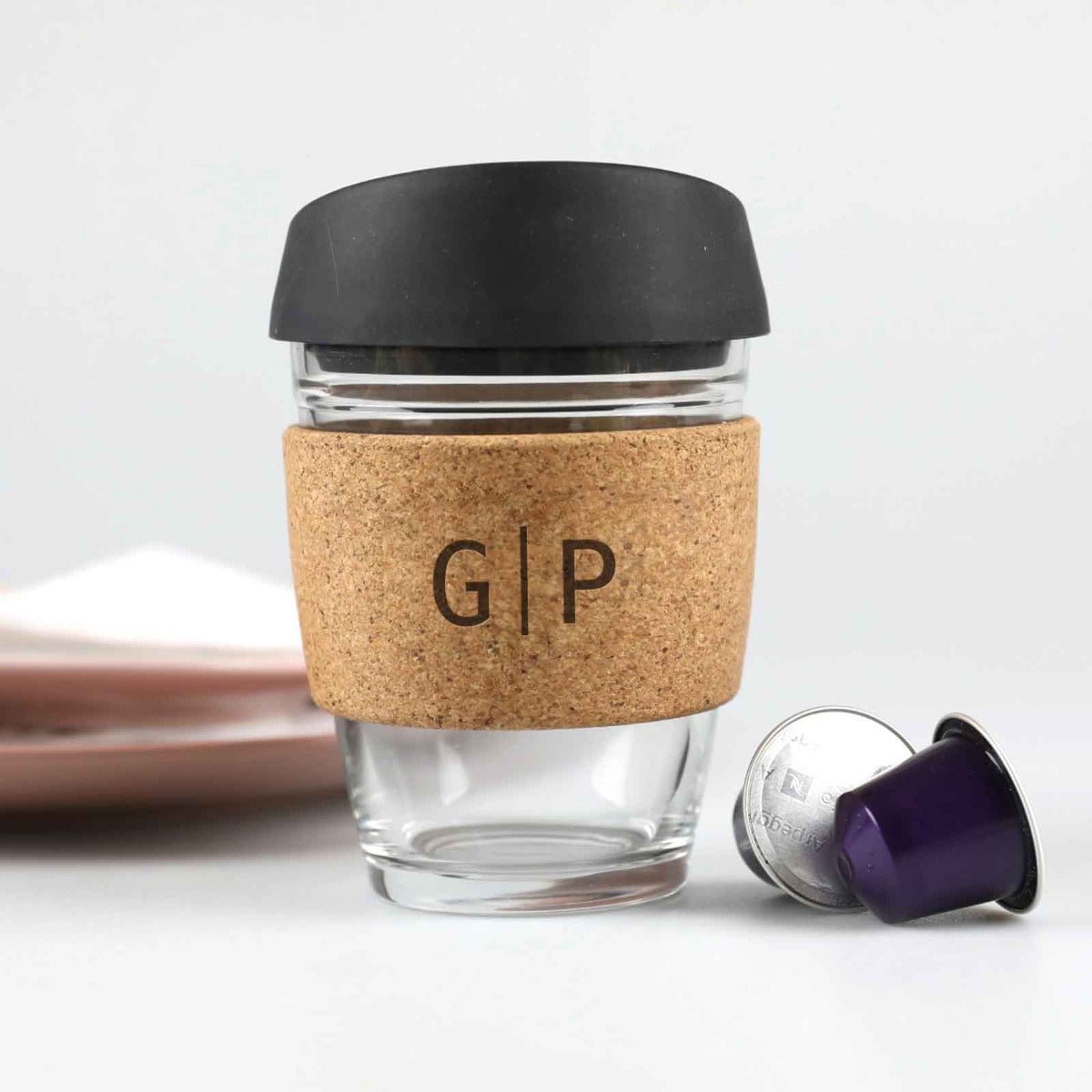 Engraved Cork Band Reusable Glass Coffee Keep Cup