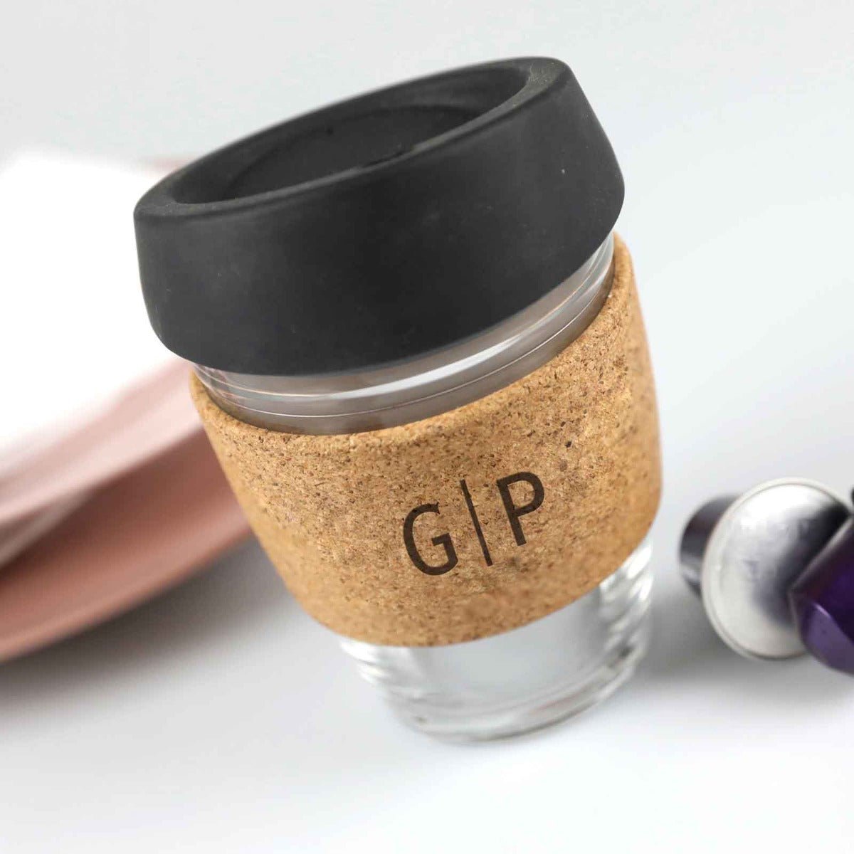 Engraved Cork Band Reusable Glass Coffee Keep Cup