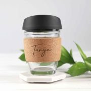 Engraved Cork Band Reusable Glass Coffee Keep Cup Birthday Gift