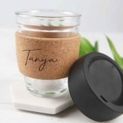 Engraved Cork Band Reusable Glass Coffee Keep Cup Birthday Gift