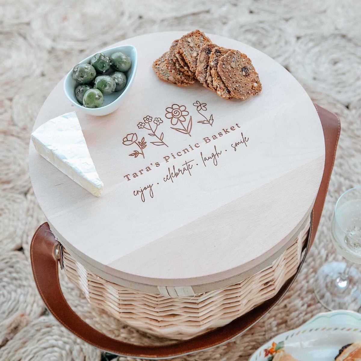 Cooler Picnic Basket with Engraved Wooden Lid