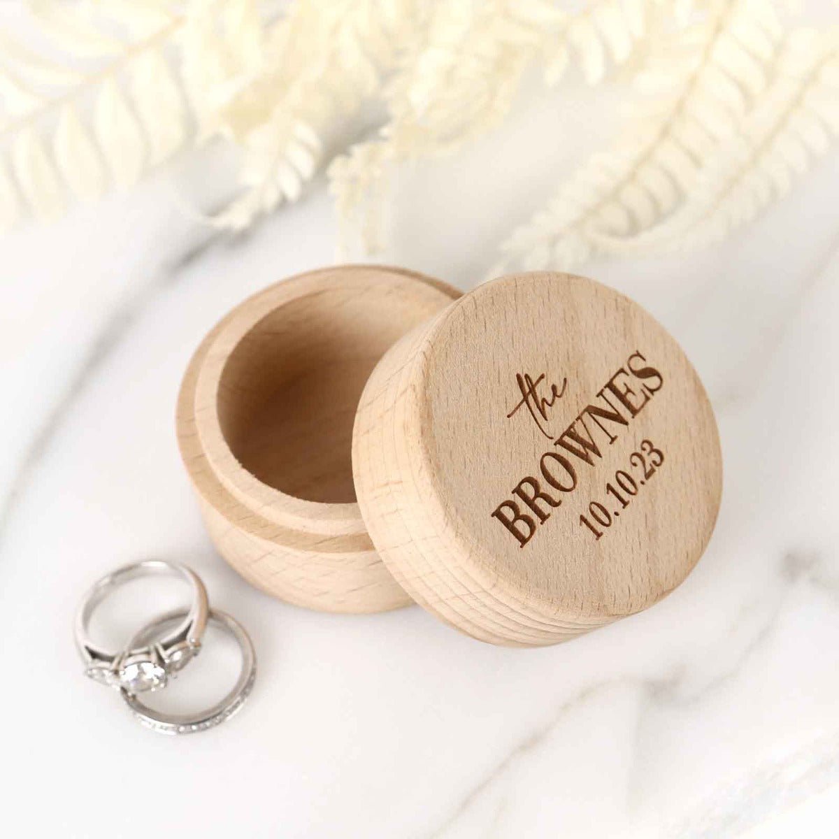 Engraved Round Wooden Ring Box