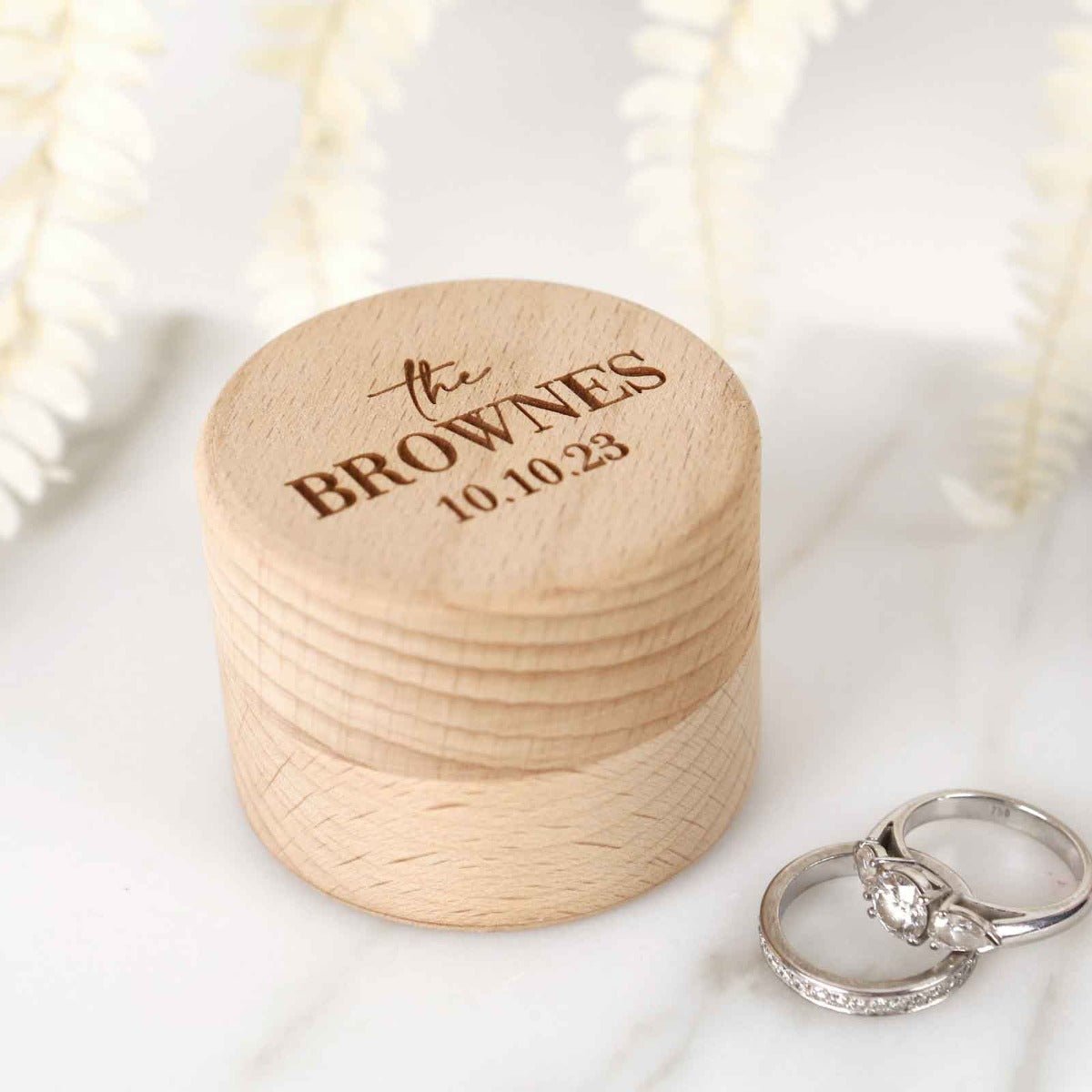 Engraved Round Wooden Ring Box