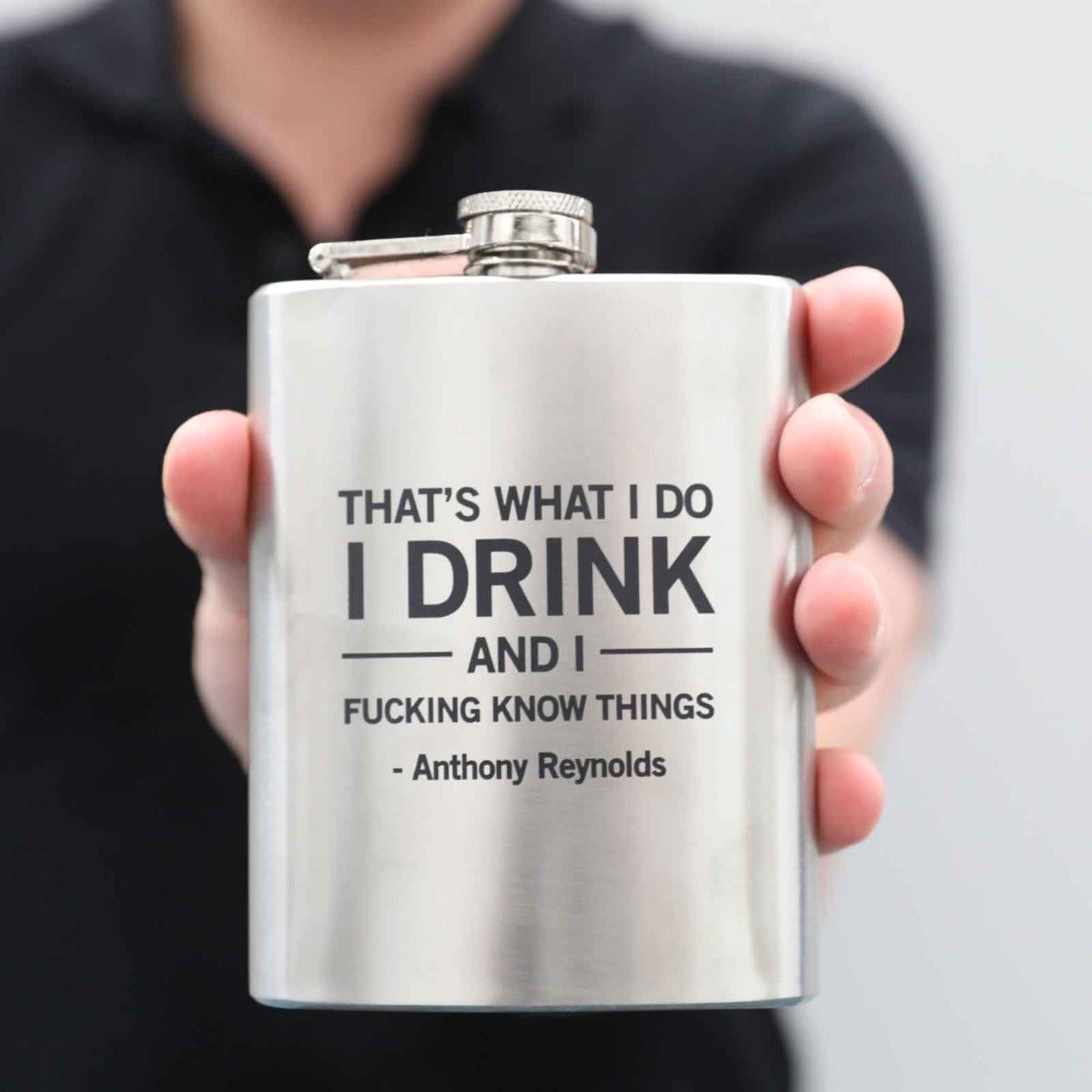 I Drink and Know Things Engraved Silver Hip Flask with Gift Box