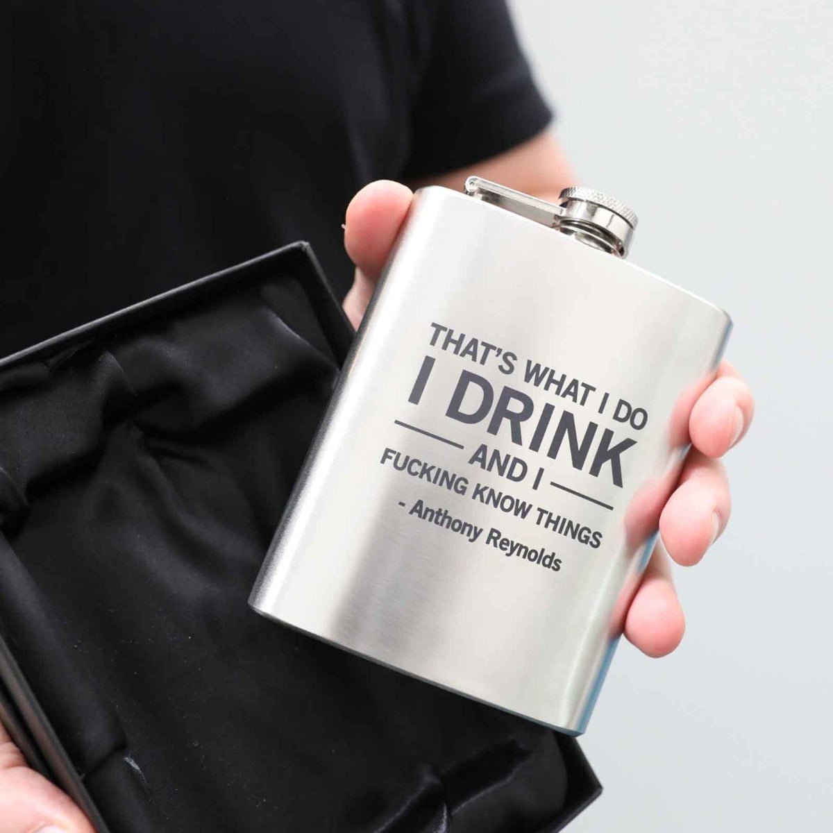 I Drink and Know Things Engraved Silver Hip Flask with Gift Box