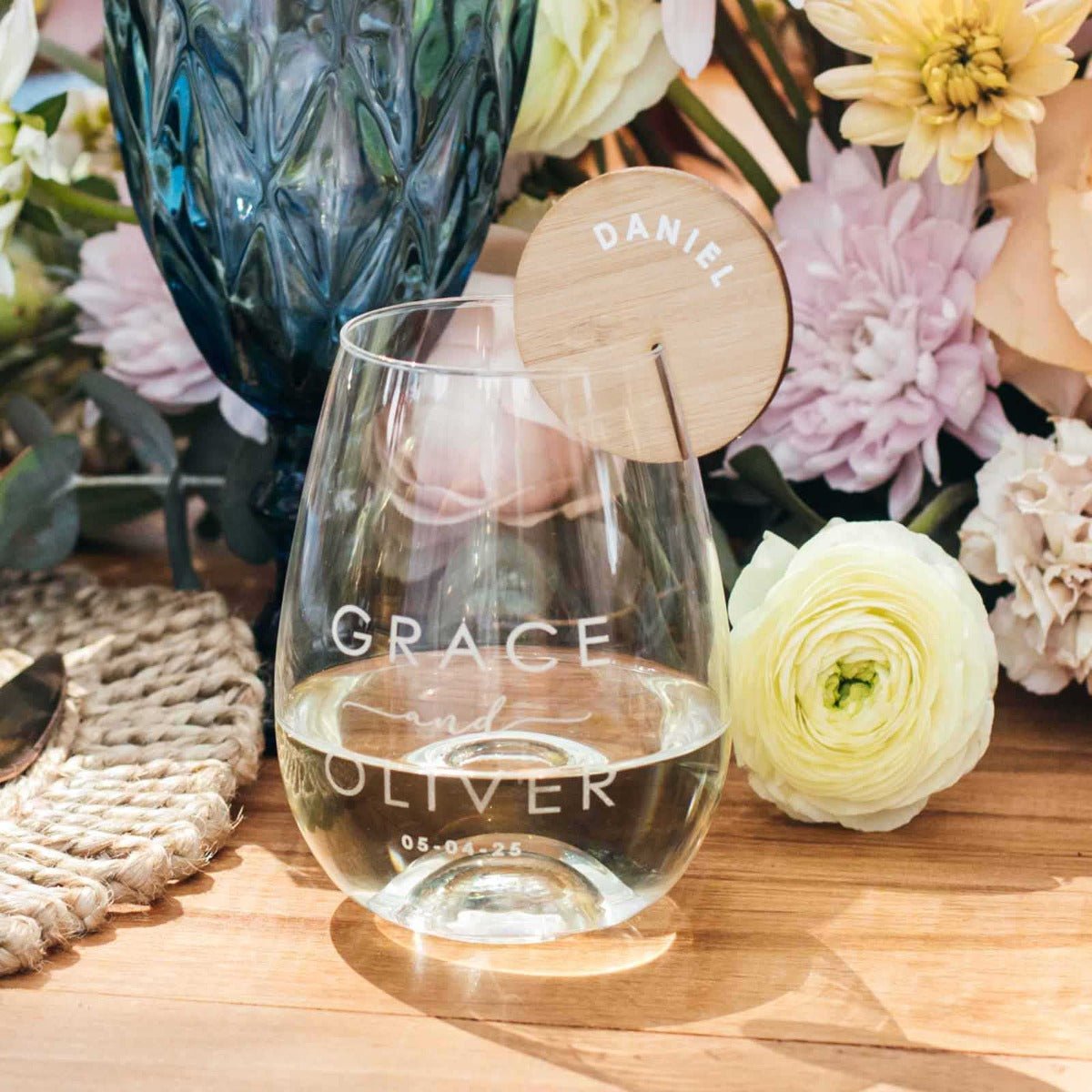 Engraved Wedding 460ml Stemless Wine Glass