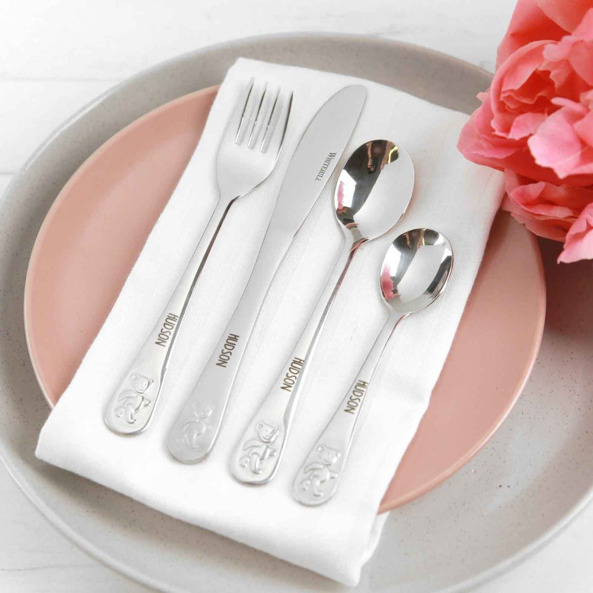 Engraved Silver Bear Children’s Cutlery 4 Piece Set
