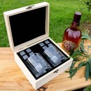 Engraved Wooden Gift Boxed Round Scotch Glass Twin Set with Whiskey Stones