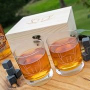 Engraved Wooden Gift Boxed Round Scotch Glass Twin Set with Whiskey Stones
