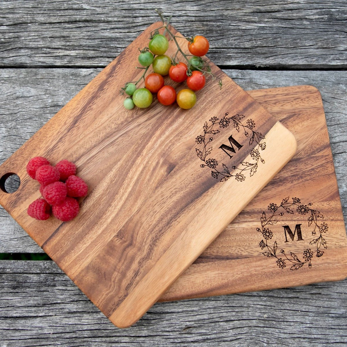 Engraved Acacia Wood Twin Cheese Board Set