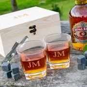 Engraved Wooden Gift Boxed Square Scotch Glass Twin Set with Whiskey Stones