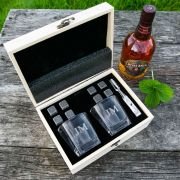 Engraved Wooden Gift Boxed Square Scotch Glass Twin Set with Whiskey Stones