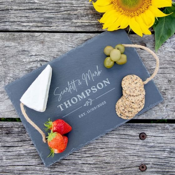 Engraved Rectangle Wedding Slate Cheese Board with Woven Cord Handles