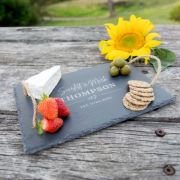 Engraved Rectangle Wedding Slate Cheese Board with Woven Cord Handles
