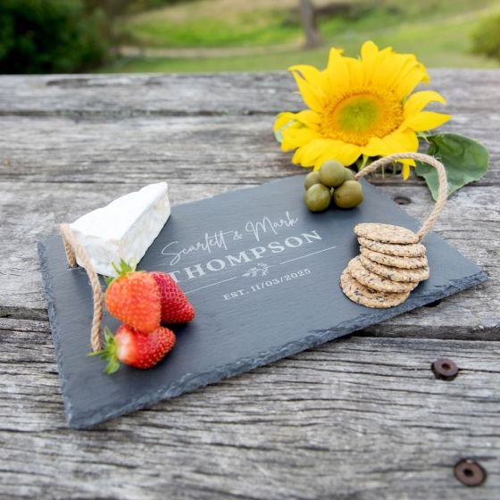 Engraved Rectangle Wedding Slate Cheese Board with Woven Cord Handles