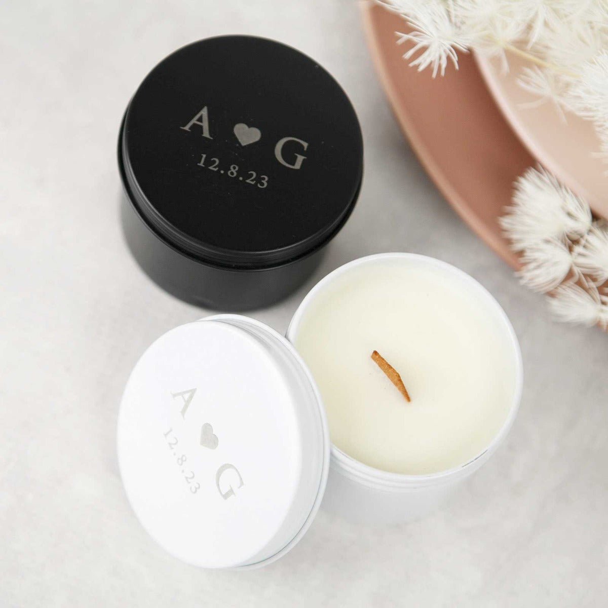 Engraved Wedding Favour Wood Wick Soy Candle Tin