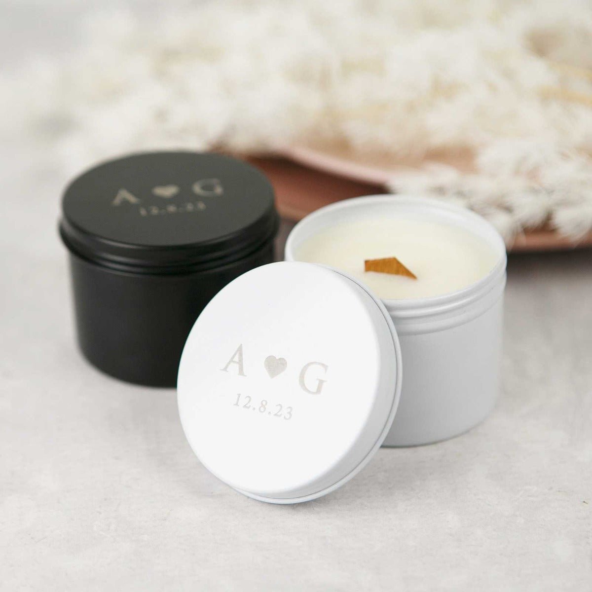 Engraved Wedding Favour Wood Wick Soy Candle Tin