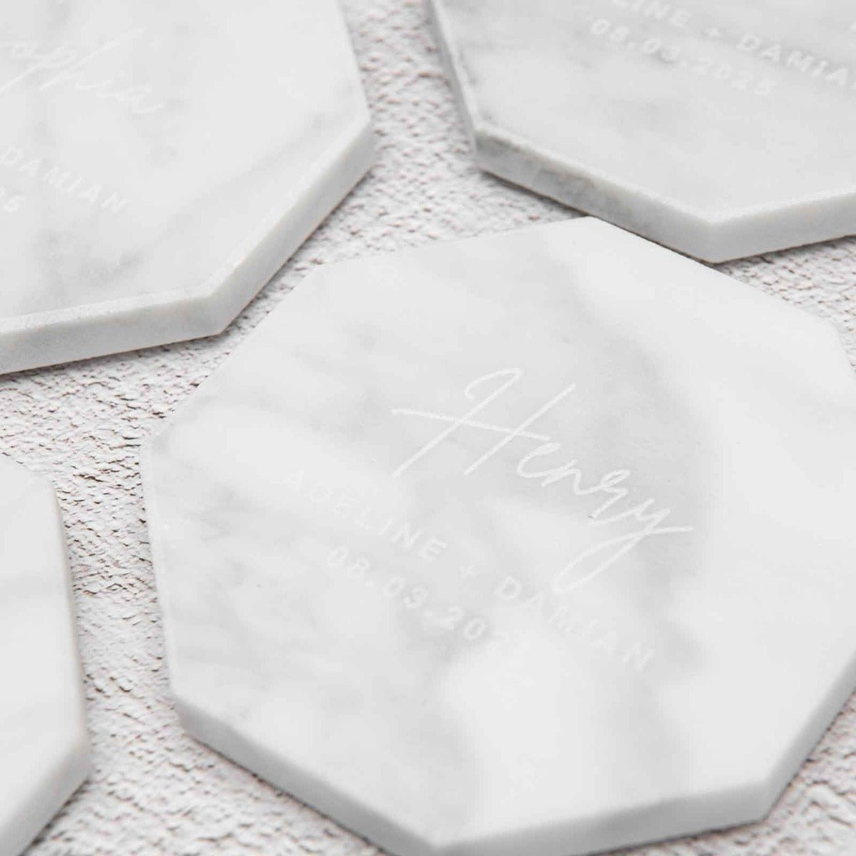 Engraved White Octagonal Marble Coaster Wedding Place Card