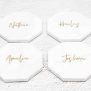 Engraved Wedding White Octagonal Marble Coaster with Metallic Gold In-fill