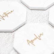 Engraved Wedding White Octagonal Marble Coaster with Metallic Gold In-fill