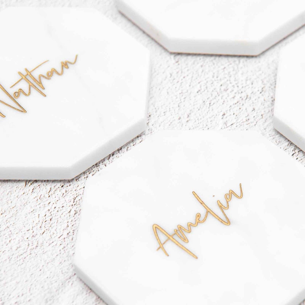 Engraved Wedding White Octagonal Marble Coaster with Metallic Gold In-fill