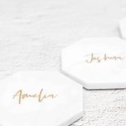 Engraved Wedding White Octagonal Marble Coaster with Metallic Gold In-fill
