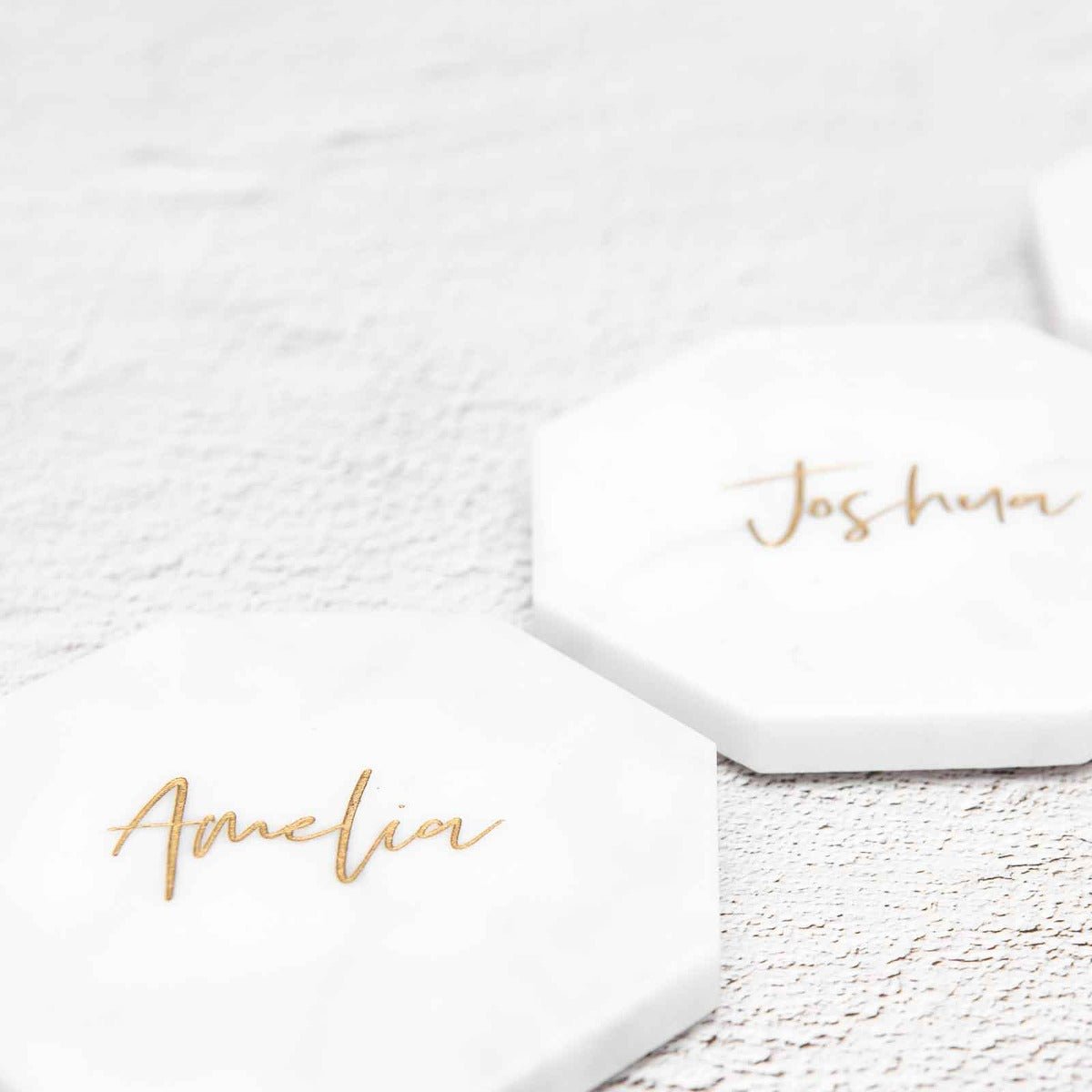 Engraved Wedding White Octagonal Marble Coaster with Metallic Gold In-fill