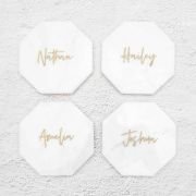 Engraved Wedding White Octagonal Marble Coaster with Metallic Gold In-fill