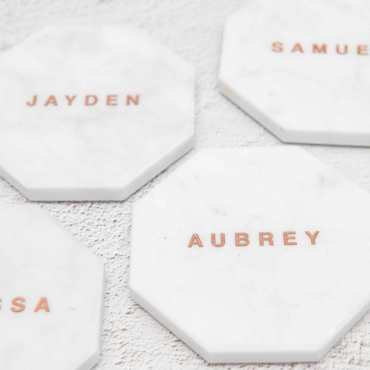 Engraved Wedding White Octagonal Marble Coaster with Metallic Rose Gold In-fill