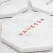 Engraved Wedding White Octagonal Marble Coaster with Metallic Rose Gold In-fill