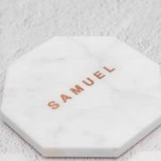 Engraved Wedding White Octagonal Marble Coaster with Metallic Rose Gold In-fill