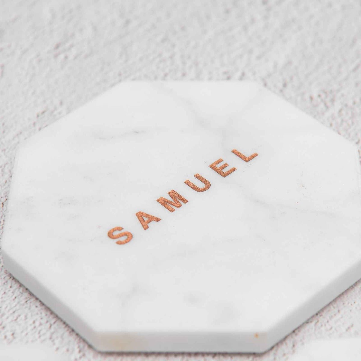 Engraved Wedding White Octagonal Marble Coaster with Metallic Rose Gold In-fill