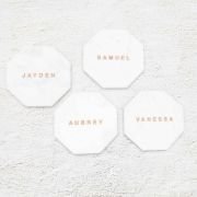 Engraved Wedding White Octagonal Marble Coaster with Metallic Rose Gold In-fill