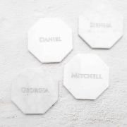 Engraved Wedding White Octagonal Marble Coaster with Metallic Silver In-fill