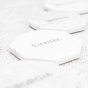 Engraved Wedding White Octagonal Marble Coaster with Metallic Silver In-fill