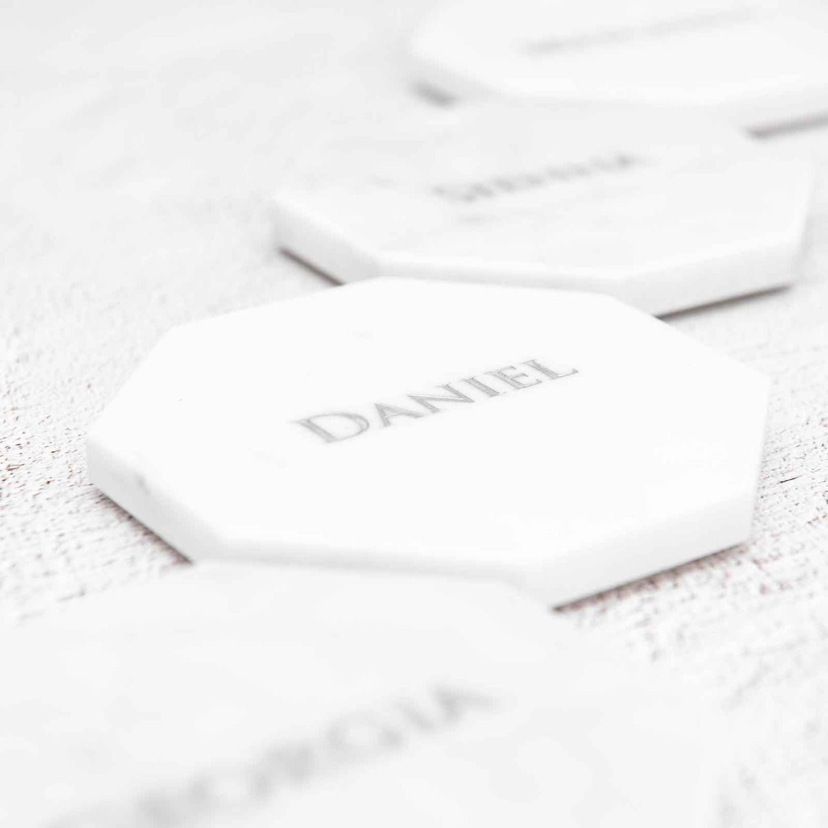 Engraved Wedding White Octagonal Marble Coaster with Metallic Silver In-fill